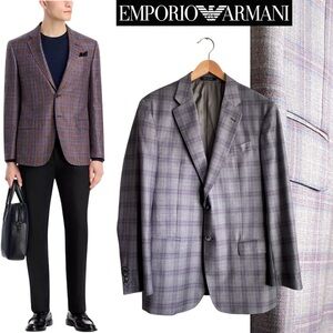 Emporio Armani GLine Virgin Wool Gray Plum Check Pane Plaid Sport Coat Blazer 54